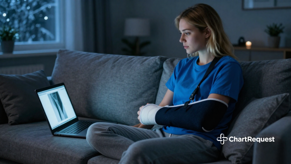 Patient Looks At MRI Results From a CD on Her Laptop